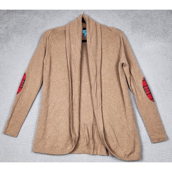 TWO BEES CASHMERE Sweater Womens Large Brown Open Cardigan Plaid Elbow Patches - Picture 1 of 14